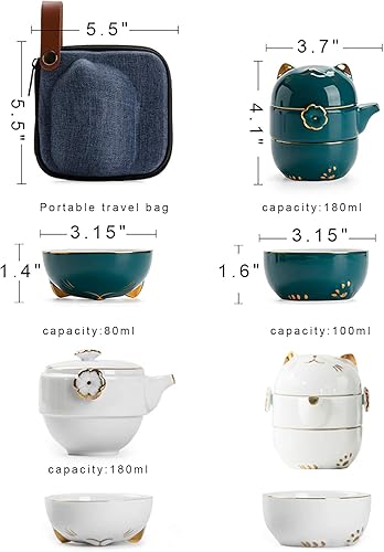 Miniatura 4 de Juego de tazas de té de cerámica portátil juego de tetera de porcelana Lucky Cat con colador de té, tapas y 1 estuche de almacenamiento a prueba de