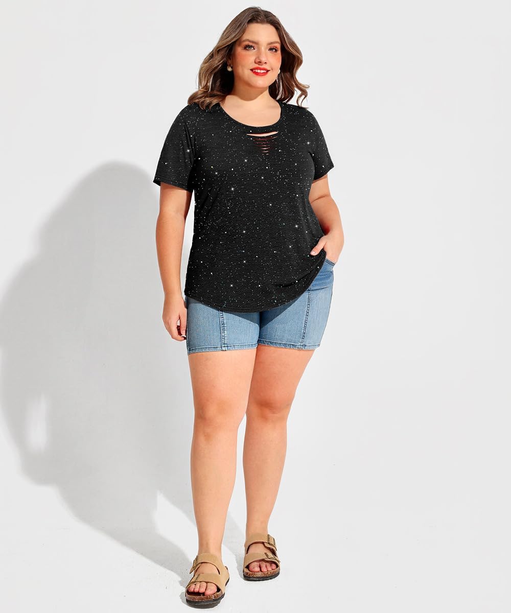 CARCOS Plus Size Tops for Women Short Sleeve Shirts Basic Tee Solid Color Blouse V Neck Tunic Loose Fit Tshirts Summer XL-5XL - Image 4