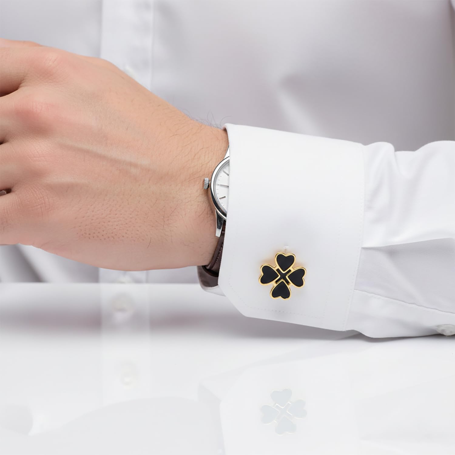 Cufflinks Men 925 Sterling Silver Four Leaf Clover Gold Cufflinks St Patricks Day Weddings Birthdays Gifts for Men Fathers