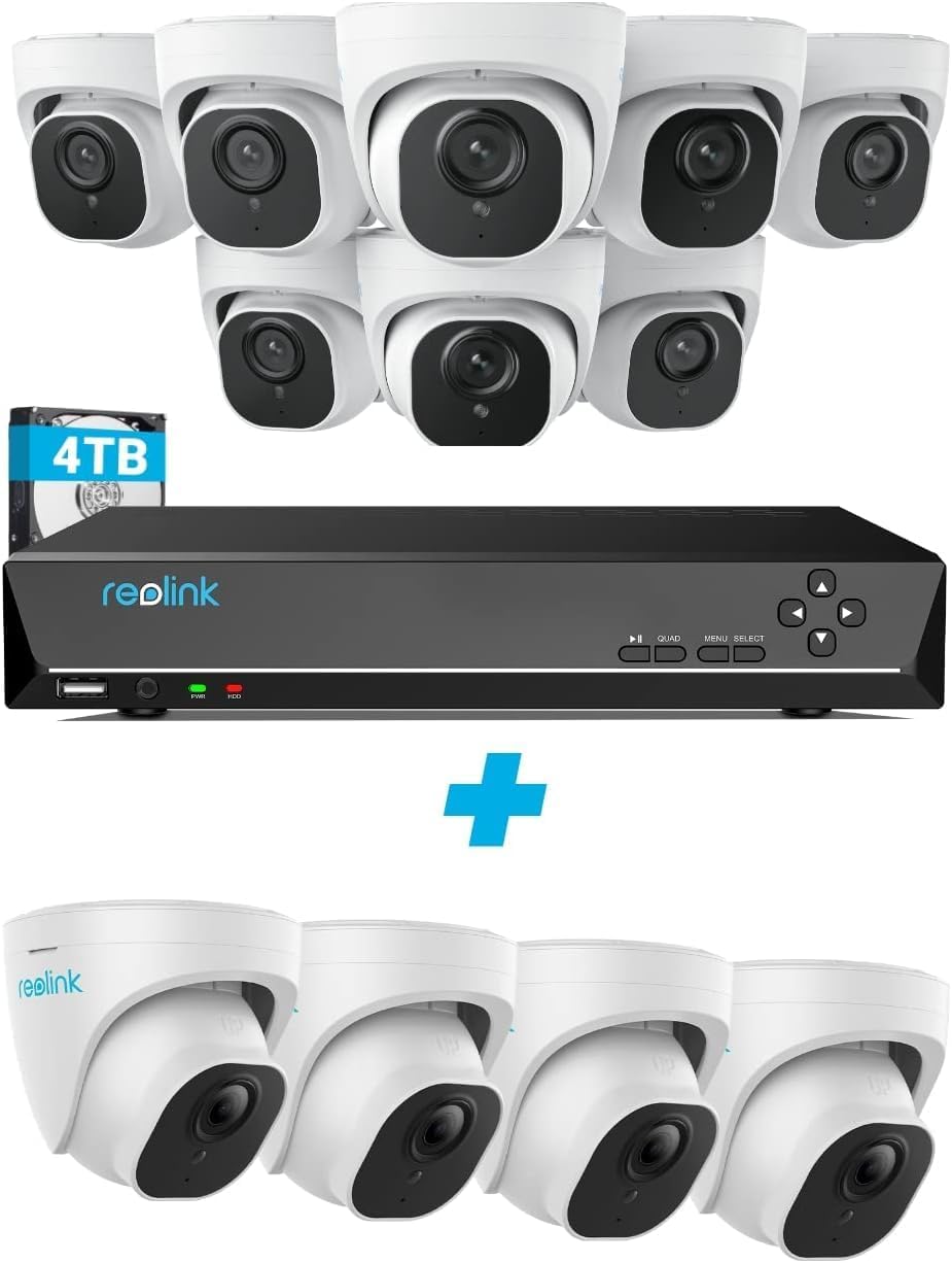 REOLINK 4K 8MP PoE Security Camera System, 12pcs Person/Vehicle Detection Smart IP Cameras, 16CH NVR Pre-Installed with 4TB HDD, RLK16-800D8 Bundle with 4X RLC-820A