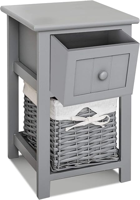 LIVIVO Grey Shabby Chic Style Wooden Bedside Cabinet Table With Matching Wicker Basket