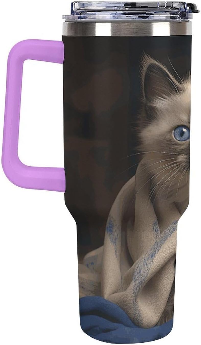 40 Oz Insulated Mug with Handle, Stainless Steel Cat on Blanket Printed Travel Mug Portable Leak-proof Large Car Mug for Home, Office Or Car