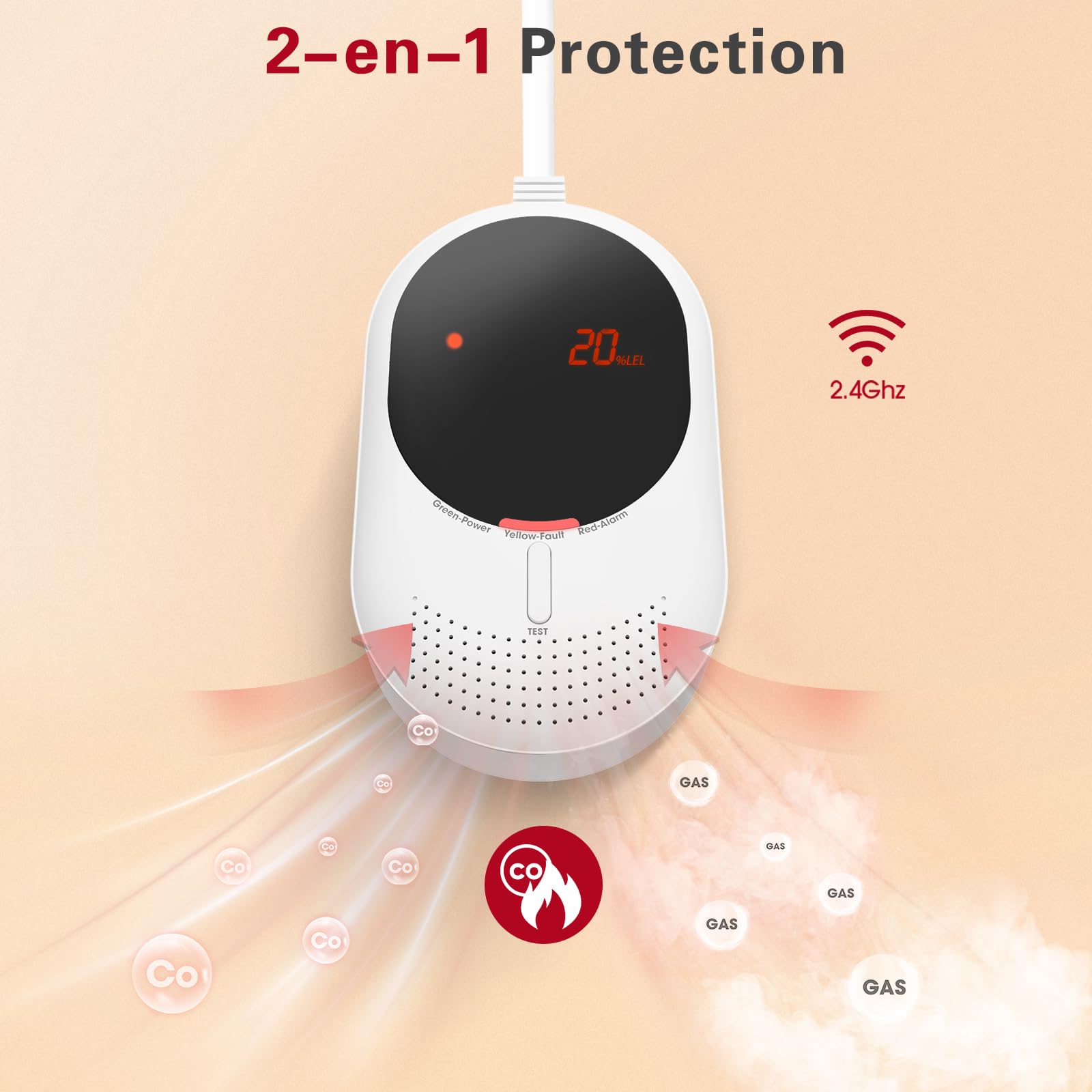 PHYSEN WiFi Détecteur de Gaz et Monoxyde de Carbone avec Écran LED, Certifié EN50291 et EN50194, Compatible Alexa/Google Home App, Détecteur de Méthane et CO pour Cuisine, Chaufferie, Garage