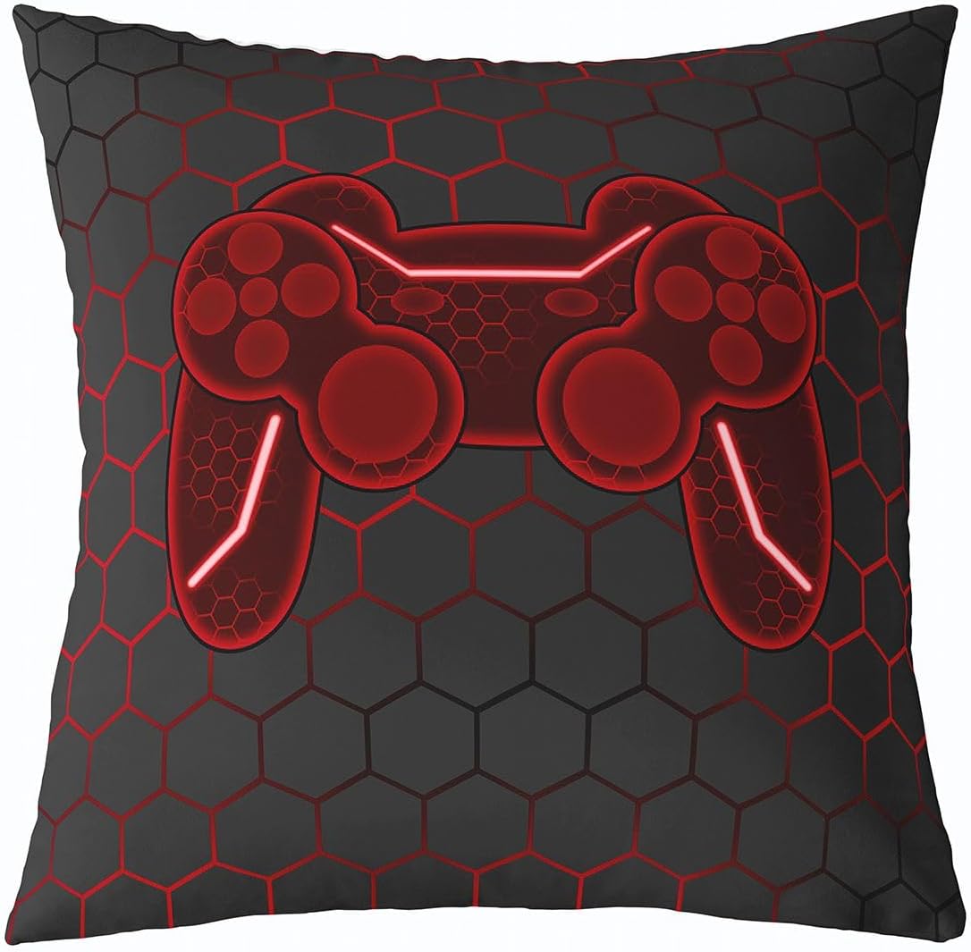 Castle Fairy Game Controller Pillow Cover,Neon Honeycomb Pattern Throw Cushion Cover 20"x20",Consoles Games Themed Cushion Case for Girls Women Room Decor，Red Cushion Coves Single Pack