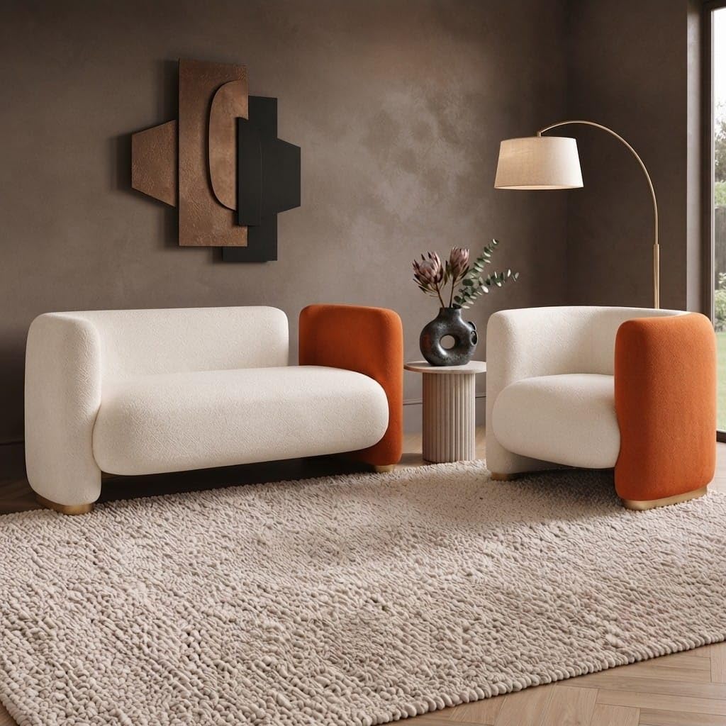 2 Seater Sofa with Accent Chair Set, Velvet Upholstered Sofa Set, Curved Living Room Furniture with Comfortable Cushions, Modern Seating Set for Living Room, Lounge & Reception | Cream & Rust Orange-image-21