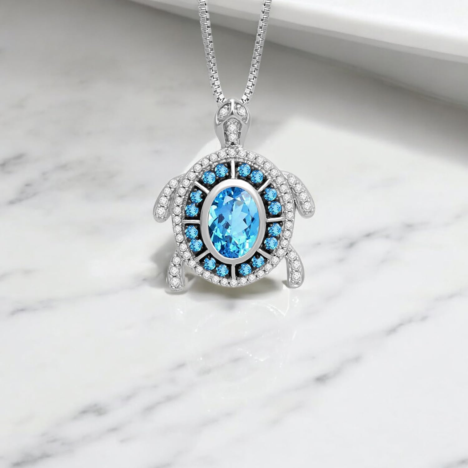 Jewelili Sterling Silver Turtle Birthstone Pendant Necklace | 7X5 MM Oval & 1.25 MM Round Cut Birthstone with Round Created White Sapphire Gemstones | 18" Box Chain | Luxury Jewelry| Gift Box Included