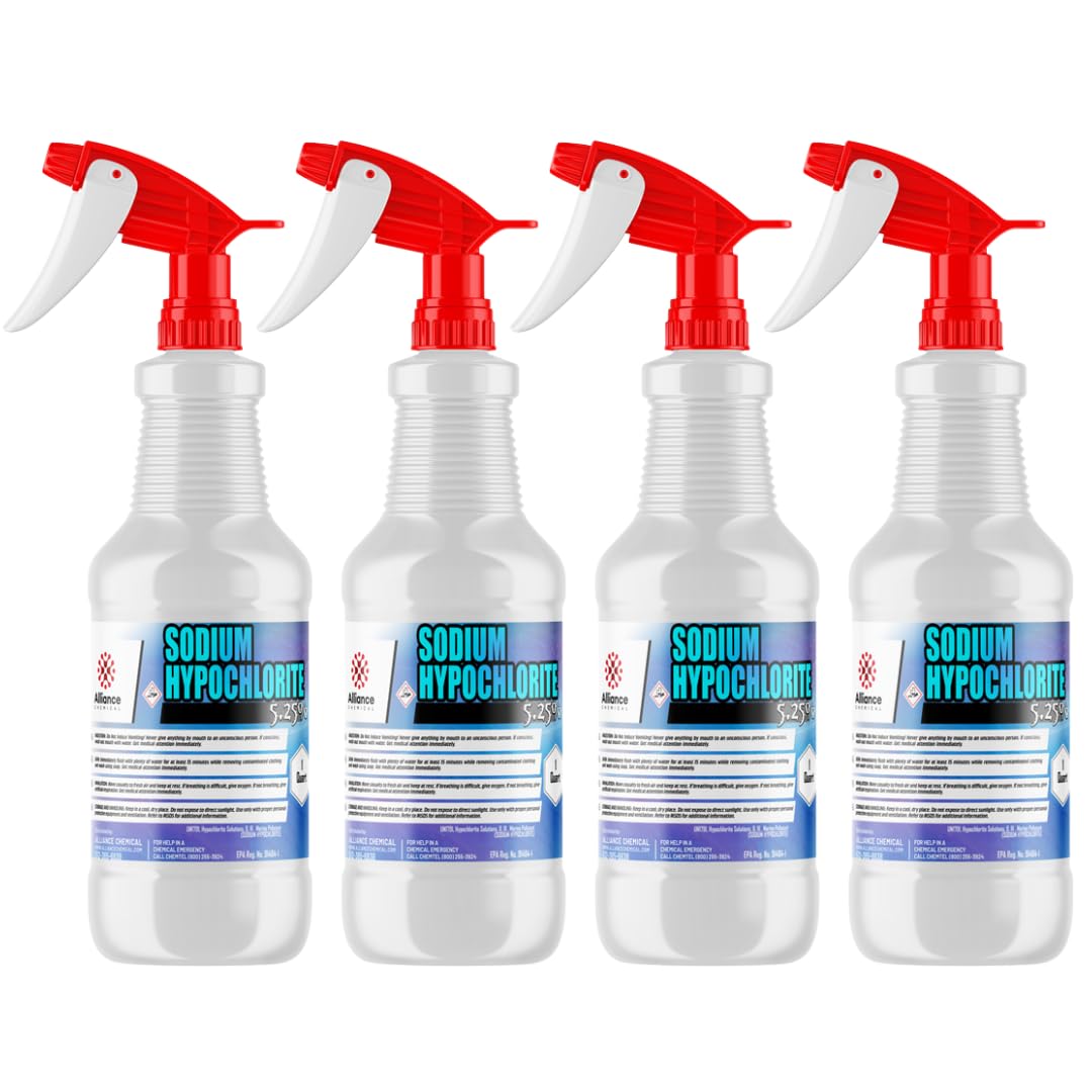 Sodium Hypochlorite 5.25% - 4 Quarts w/Spray - for Water Treatment, Surface Purification, Odor Removal - Alliance Chemical