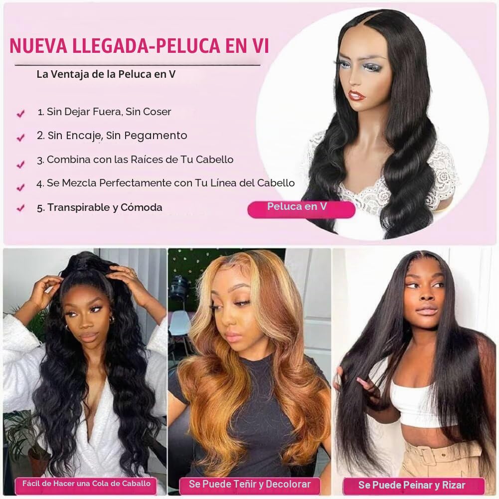 V Part Wig Human Hair Body Wave Peluca Mujer Pelo Natural Humano Glueless Wig Human Hair 180% Density Full Head Clip Upgrade U Part Wig Human Hair No Lace Front Pelucas Cabello Humano 22 Pulgadas