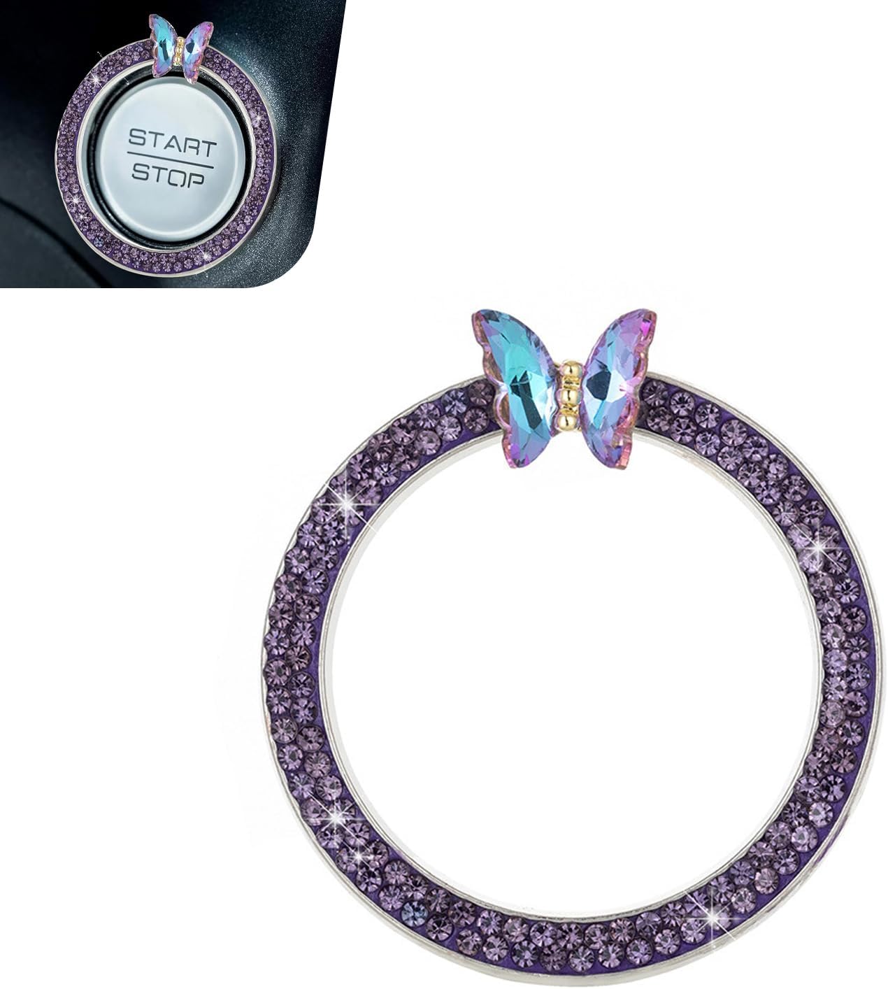 Bling Car Engine Start Stop Decoration Ring, Crystal Rhinestone Butterfly Ring for Car Button Ring, Car Interior Accessories for Women, Push to Start Button Cover Decoration(Purple)