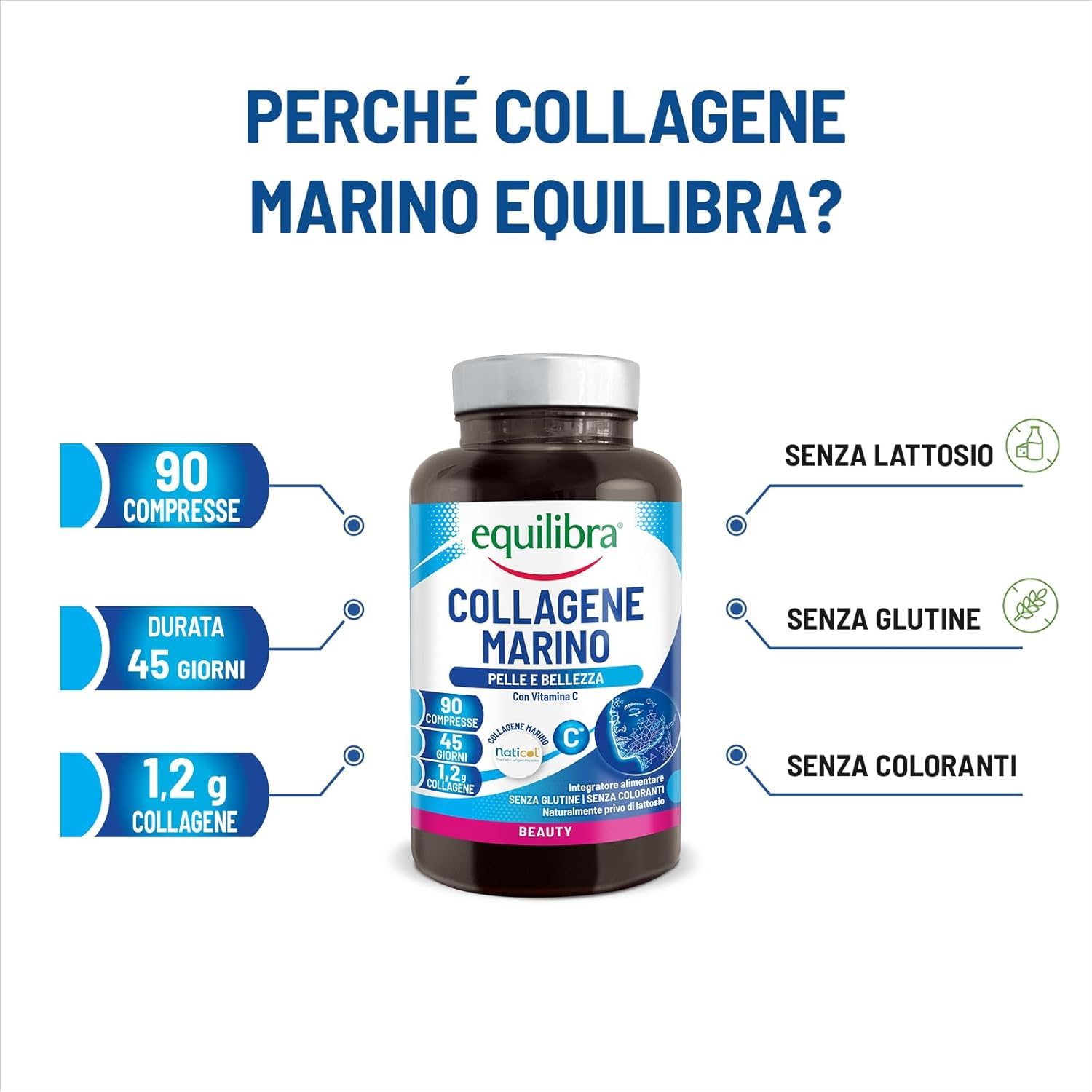 Equilibra, Collagene Marino Idrolizzato Naticol, 90 Compresse, 1200 mg Collagene per Dose, 80 mg Vitamina C per Dose, Collagene Tipo I e III, Mantenimento del Tono e dell'Elasticità della Pelle