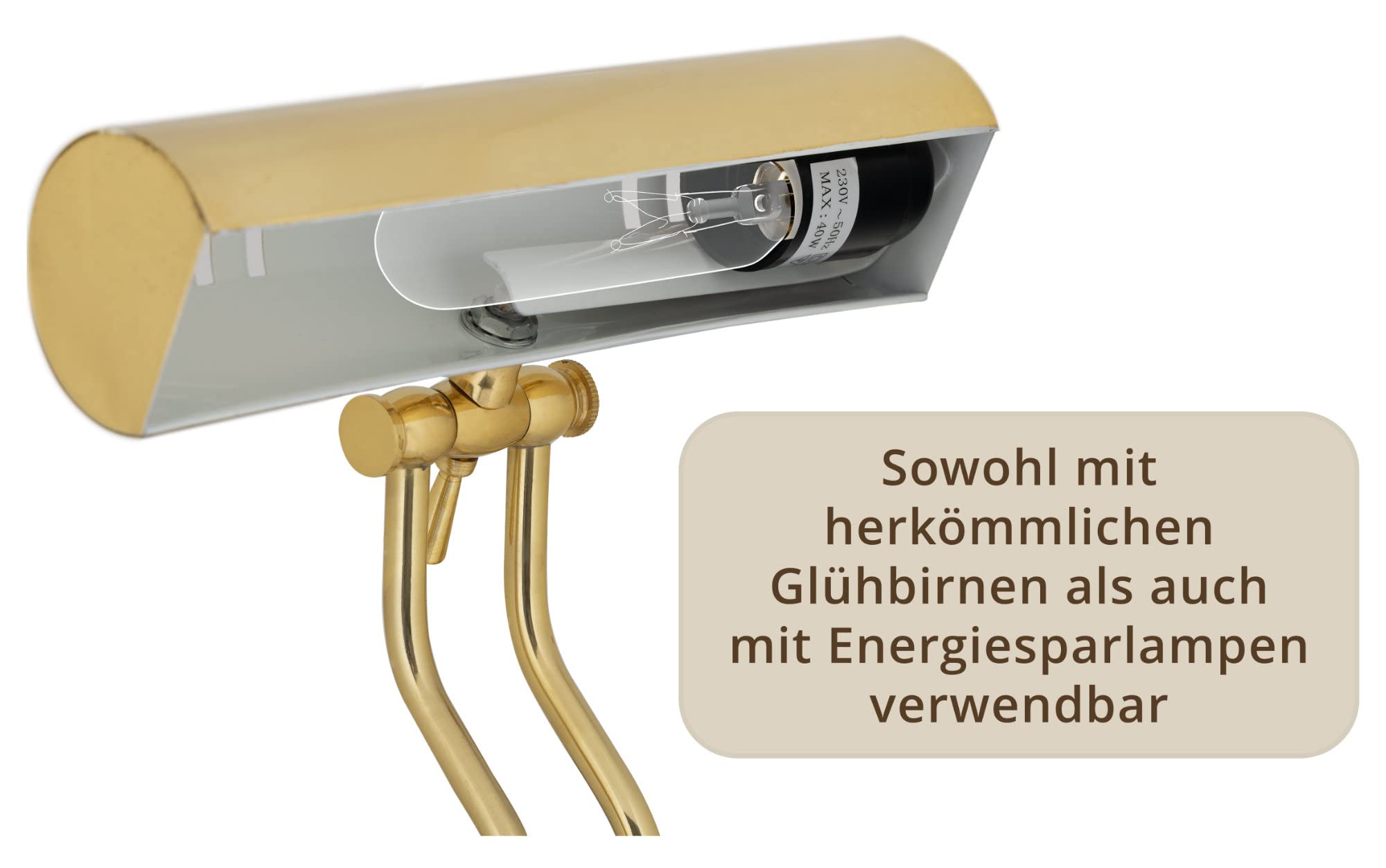 Classic Cantabile L3-A Messing Klavierleuchte - Retro Pianoleuchte für Klaviernoten - Vintage Schreibtischlampe mit 180 cm Kabel - Leselampe für Klavier und Piano - Messing