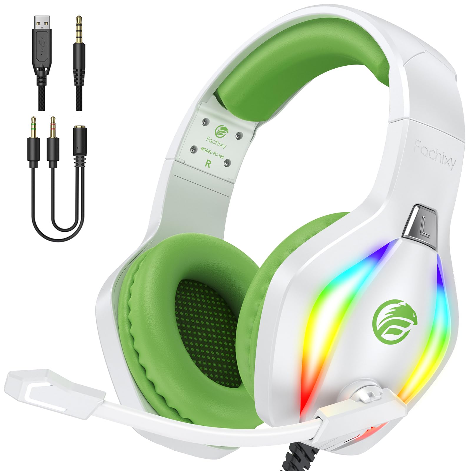 Fachixy FC100 Gaming Headset with Microphone for PS4, PS5, Switch, Xbox, Mac, PC Gaming Headphones with Mic, Gamer Headset with RGB Light - White-Green