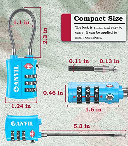 ANVIL TSA Locks for Luggage – TSA Approved Cable Travel Lock with Zinc Alloy Body, 3-Digit Combination Lock for Suitcases, Backpacks, Gun Cases, Zippers (Blue 2 Pack)