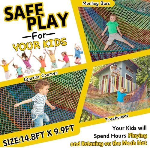 LPIW Climbing Net for Kids - 14.8FT x 9.9FT Double Layers Heavy Duty Playground Safety Net, Climbing Cargo Net for Tree House Tree Fort, Back Yard, Jungle Gyms, Monkey Bar Security Mesh(Rainbow) - 3