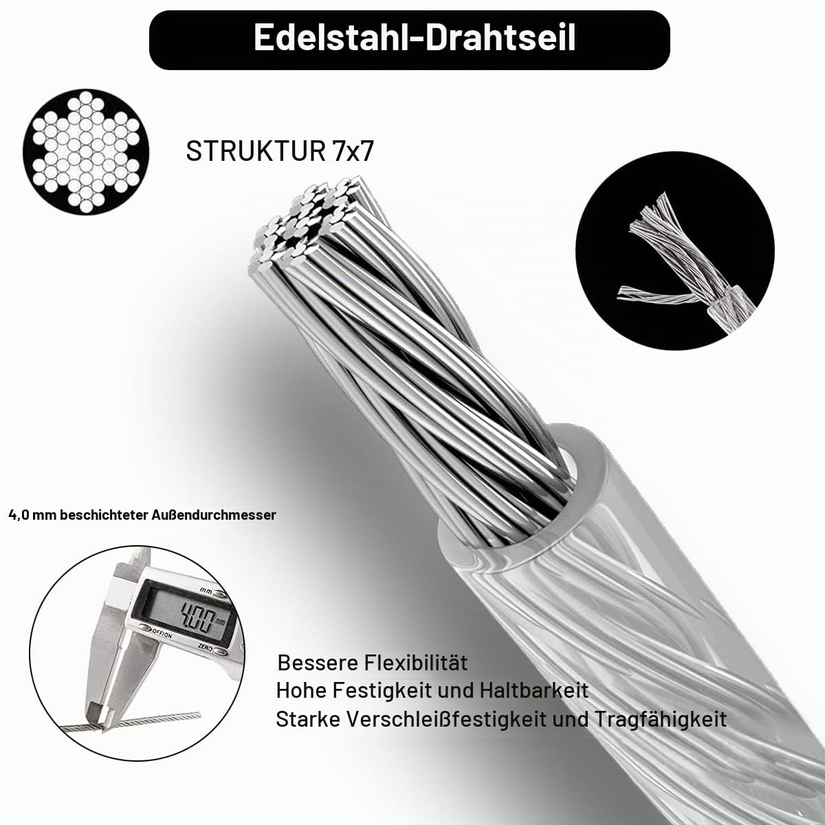Edelstahl Drahtseil Set, YOCZOX 30m/Φ4mm Stahldrahtseil, ummantelt Stahlseil, 304 Edelstahl Seil, Gartendraht mit M5 Spannschloss und Zubehör, Ideal für Rankhilfe, Außenleuchten, Aufhängeset etc.
