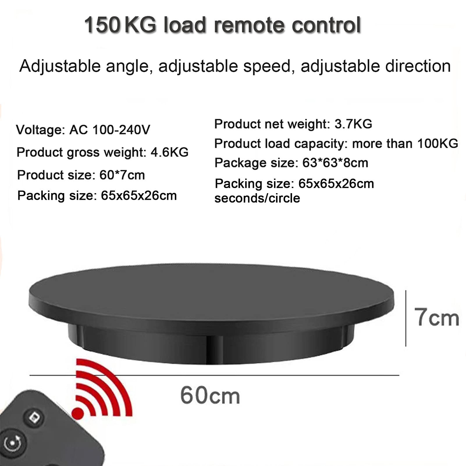 Piattaforma girevole elettrica per la fotografia, 90/180/360 gradi regolabile motorizzata Stand rotante Tavolo di visualizzazione per video dal vivo Piattaforma girevole automatica ,Black-60cm