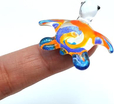 Turtle Sea Tiny Blown Glass Figurines Animals Art Collectible Handmade Gift Home Decor Blue Orange