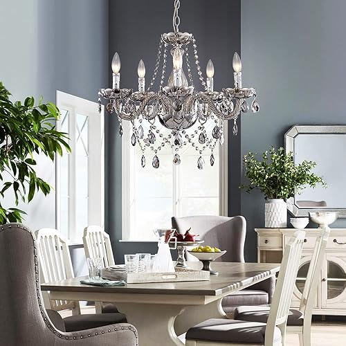 Miniatura 8 de Saint Mossi - Candelabro moderno de cristal K9 de 5 luces, lámpara de techo colgante contemporánea para comedor, dormitorio, sala de estar con Gris