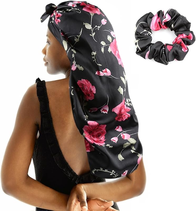 Touca de cetim greatremy para cabelos longos, tranças e locs, dupla camada, faixa ajustável, Floral Preto
