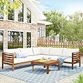 Janusline Patio Conversation Set with Coffee Table and Soft Cushions, Outdoor Acacia Wood Sofa Set, Wood Structure Furniture Sectional Sofa Set, Patio Sectional Seating Group, Water-Resistant, Beige