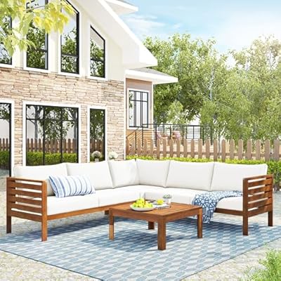 Janusline Patio Conversation Set with Coffee Table and Soft Cushions, Outdoor Acacia Wood Sofa Set, Wood Structure Furniture Sectional Sofa Set, Patio Sectional Seating Group, Water-Resistant, Beige