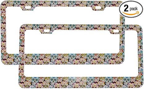Colorful Sugar Skull License Plate Frames 2 PCS Universal Aluminum Tag Frame, with 2 Holes and Screws Rust-Proof, Weather-Proof for Men/Women Car Accessories Decor