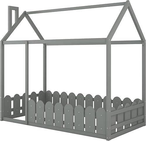 Miniatura 53 de Base de cama de casa de tamaño individual con techo y valla, marco de cama de madera para niños pequeños, adolescentes, niñas, niños, se puede