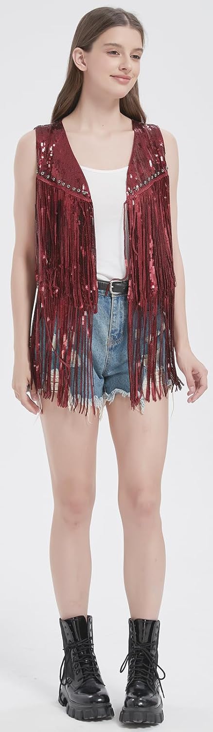 Sequin Fringe Vest - Sparkly Tassels Jacket Rivet Sleeveless Open Front Tops Glitter Party Cowgirl Concert Outfits