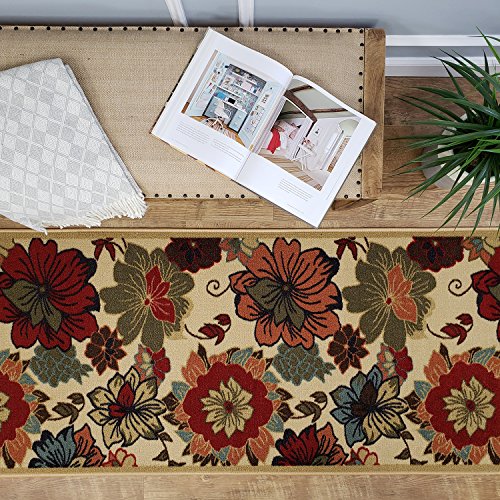 Rubber Backed Hallway Runner Rug, 31 x 120 inch, Light Beige Floral, Non Slip, Kitchen Rugs and Mats