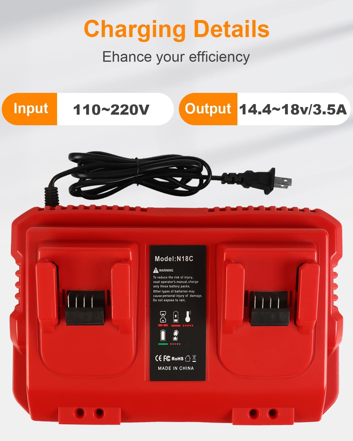 18V Rapid Charger Replacement for Milwaukee M18 Battery Charger Station 2Ports 48-59-1802 48-59-1812 Compatible with M-18 48-11-1850 48-11-1840 48-11-30 48-11-20 - Image 5
