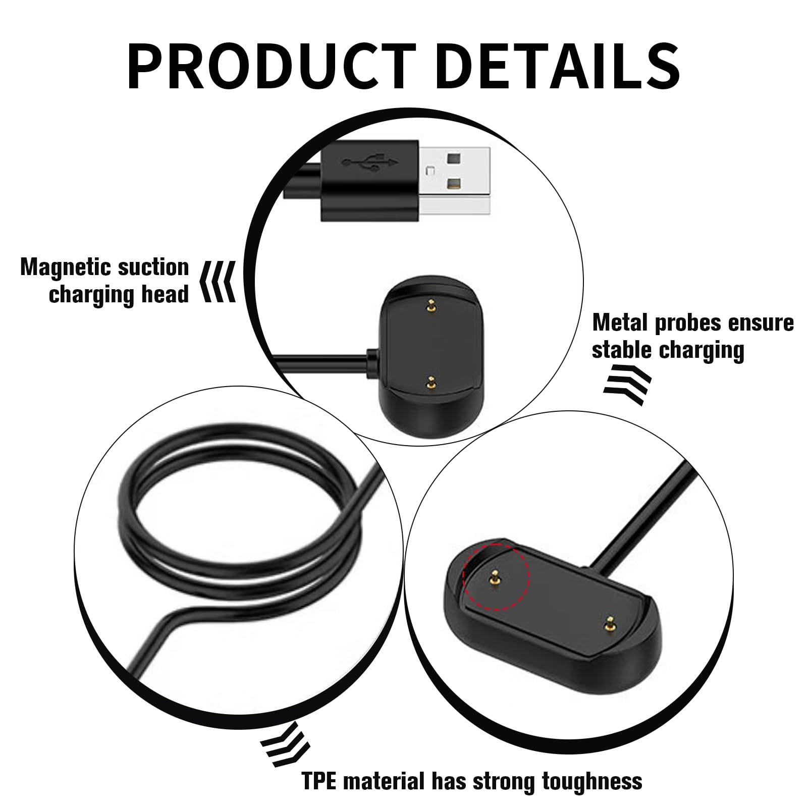 Câble de charge magnétique pour montre intelligente, protection contre les surintensités intégrée, 1 m, 5 V1 A, USB-A, accessoires de montre intelligente compatibles avec Amazfit T-Rex Pro/Bip
