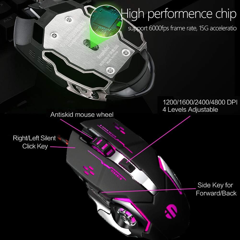 Silent Click Mouse, Inphic Wired Gaming Mouse with 6 Macro Programmable Buttons, USB Optical PC Laptop Computer Ergonomic Quiet Mice, 4800DPI , 7 RGB Breathing LED Backlit