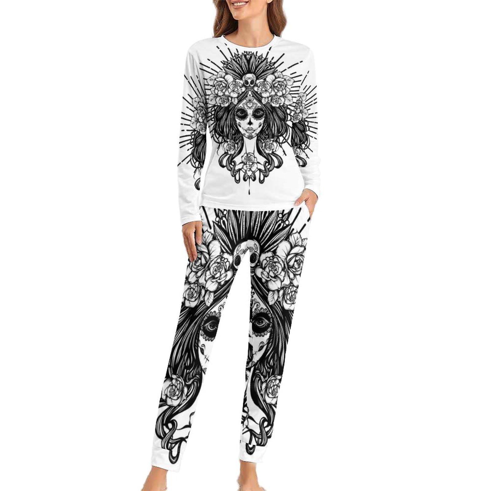 Cmagnifico Women's Dia De Los Muertos Skull Woman's Crew Neck Pyjamas Set, Pyjamas For Pajamas With Pockets