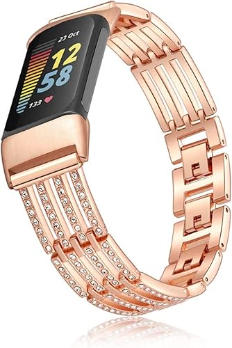 Hopply Compatible con Fitbit Charge 5 bandas para mujeres y niñas, correa de repuesto ajustable de metal con diamantes de imitación brillantes para
