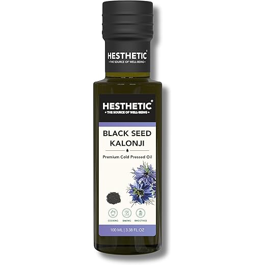 HESTHETIC Premium Edible Cold Pressed Black Seed Oil, 100ml ? 100% Pure and Natural Food Grade Virgin Kalonji Oil for Salad and Cooking, High Thymoquinone, Glass Bottle