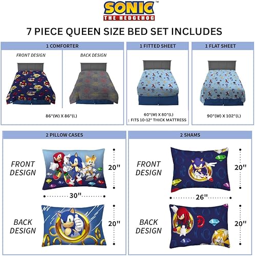 Miniatura 3 de Franco Sonic the Hedgehog Anime Juego de edredón y sábanas supersuaves para niños con funda, 7 piezas, tamaño reina, (Producto oficial con licencia)