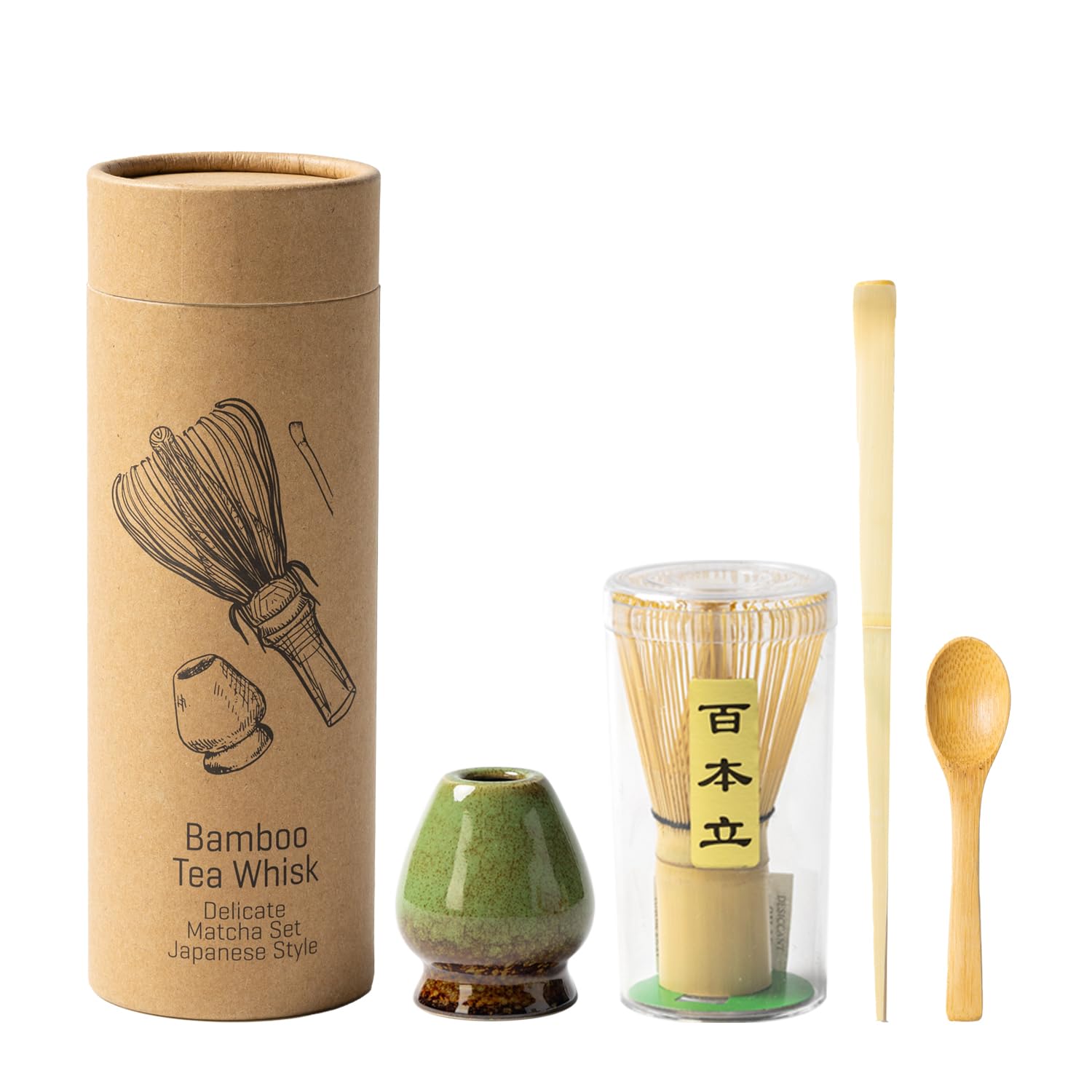 Matcha Whisk Set, Matcha Whisk (Chasen Holder), Ceramic Whisk Holder (Turquoise Green), Bamboo Scoop and Tea Spoon Perfect Matcha Kit for Matcha Lover