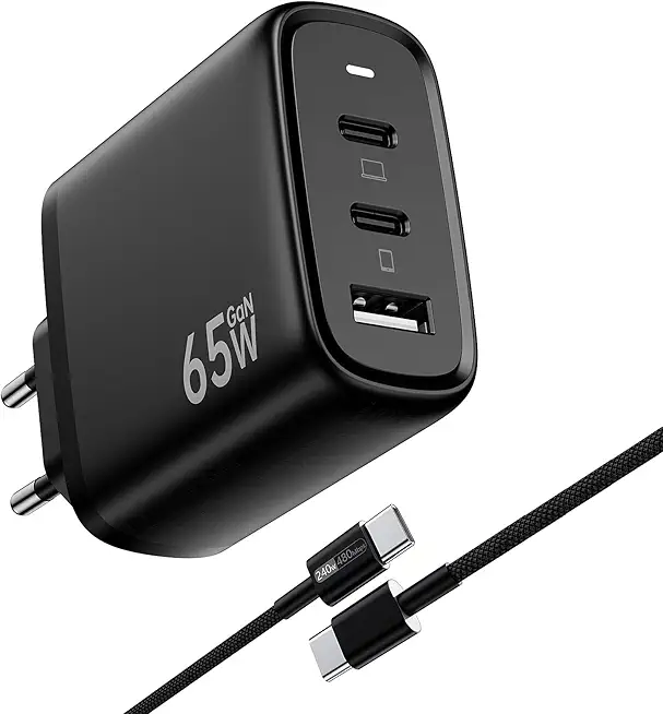 NEWINCON USB C Ladegerät 65W 3-Ports GaN III USB C Netzteil, PPS Schnellladegerät mit 1.8M 240W Kabel für MacBook Air/Pro, iPhone17/16Pro, Samsumg S24Ultra/S23, iPad Pro/Air, Pixel9/8, Laptops.