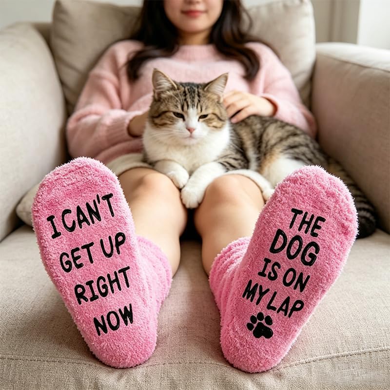 3 Pairs Funny Pet Lover Fuzzy Socks, Cat & Dog Quote, Novelty Warm Gift Socks for Pet Owners Indoor Loungewear