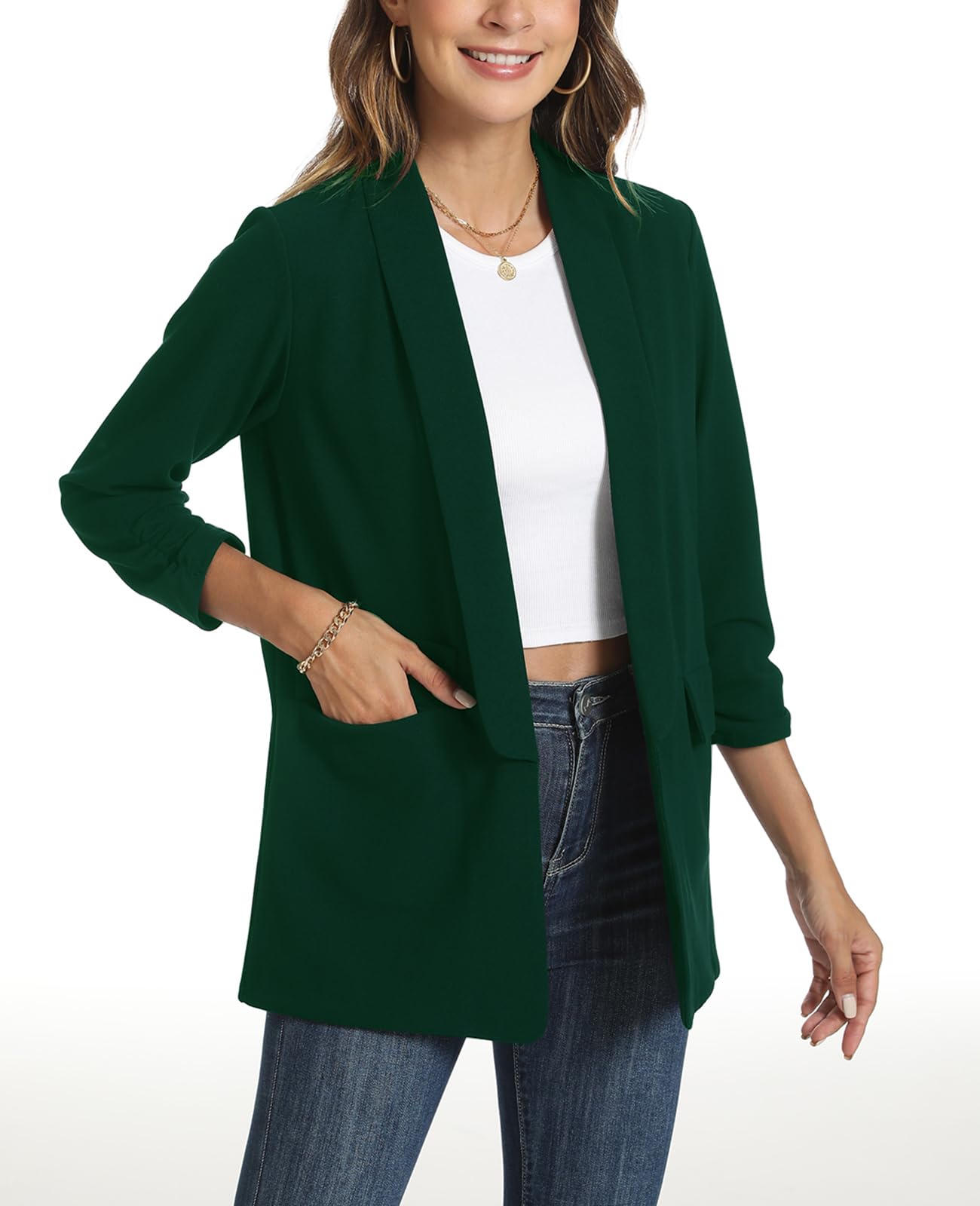 Giacche da donna casual increspate con maniche a 3/4, aperte sul davanti, per lavoro, ufficio, giacche con tasche