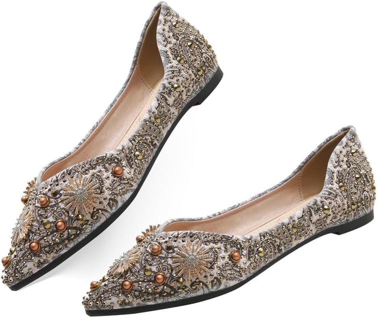 Women's Rhinestone Flats Fashion Pointed Toe Pearl Diamond Low Heel Dress Wedding Flats Work Business Casual Flats Shoes - Image 4