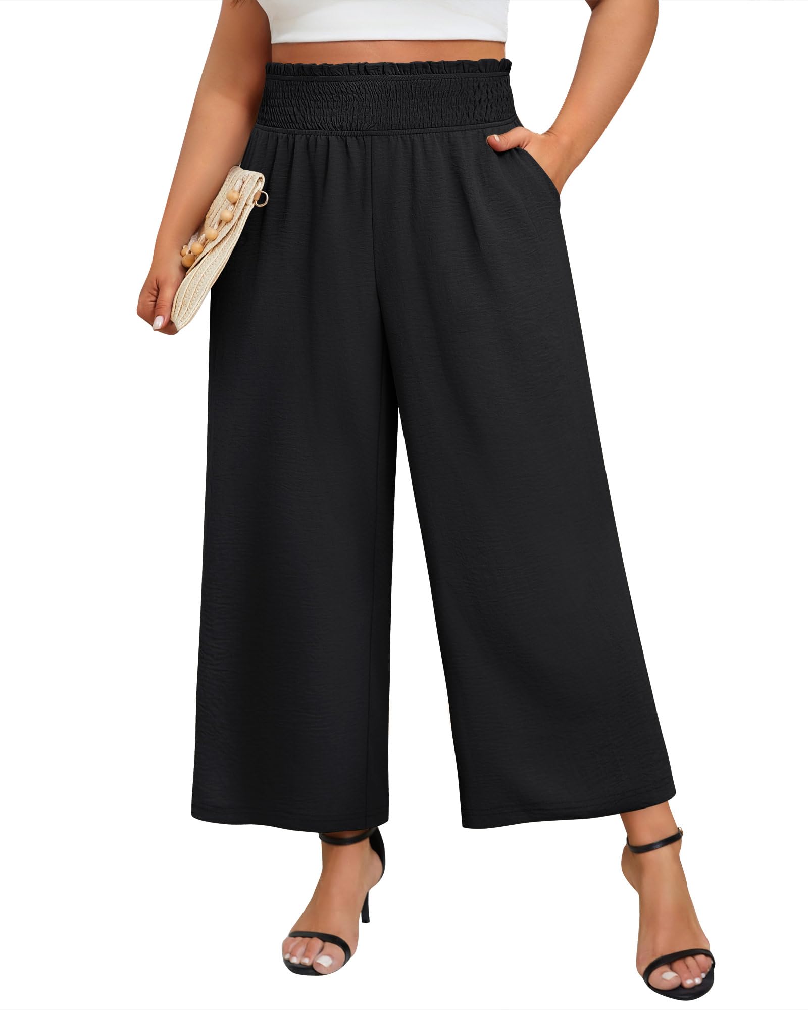 Neer Womens Plus Size Wide Leg Pants Summer Stretchy Lounge Pants with Pockets Pull On Elastic Flowy Palazzo