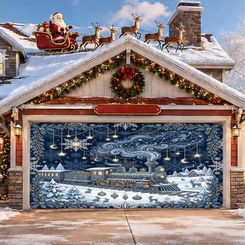 Christmas Garage Door Cover 157x71 Inch Magical Winter Steam Train Scene