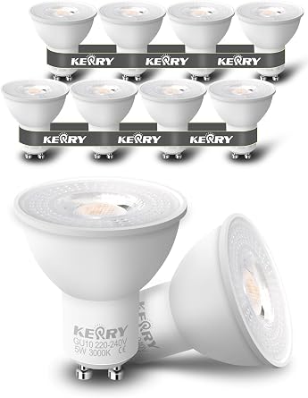 Kerry GU10 LED Bulbs, 5W 400lm, 3000K Warm White, 50W Equivalent, 10 Pack | Flicker-Free, 38  Focused Beam, Non-Dimmable, 220 240V, for Kitchens, Living Rooms, Bedrooms and Displays [Energy Class F]