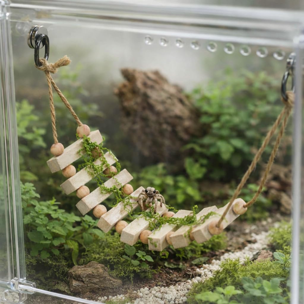 Jumping Spider Enclosure Accessories Magnetic Jumping Spider Rope Bridge with Artificial Moss Handmade Rectangular Solid Wood Suspension Bridge (Natural Wood Color) image 5