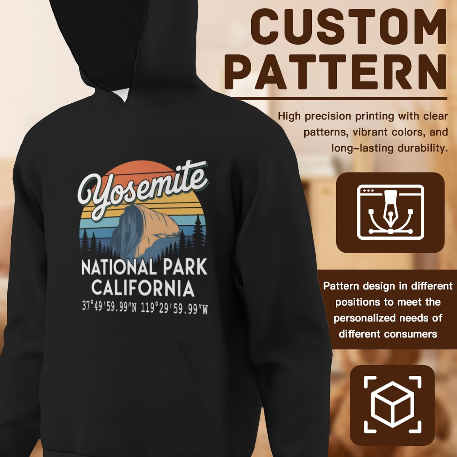Kids Retro Color Yosemite National Park with GPS Location Design Boys Girls Lightweight Kangaroo Pocket Fleece Hoodies