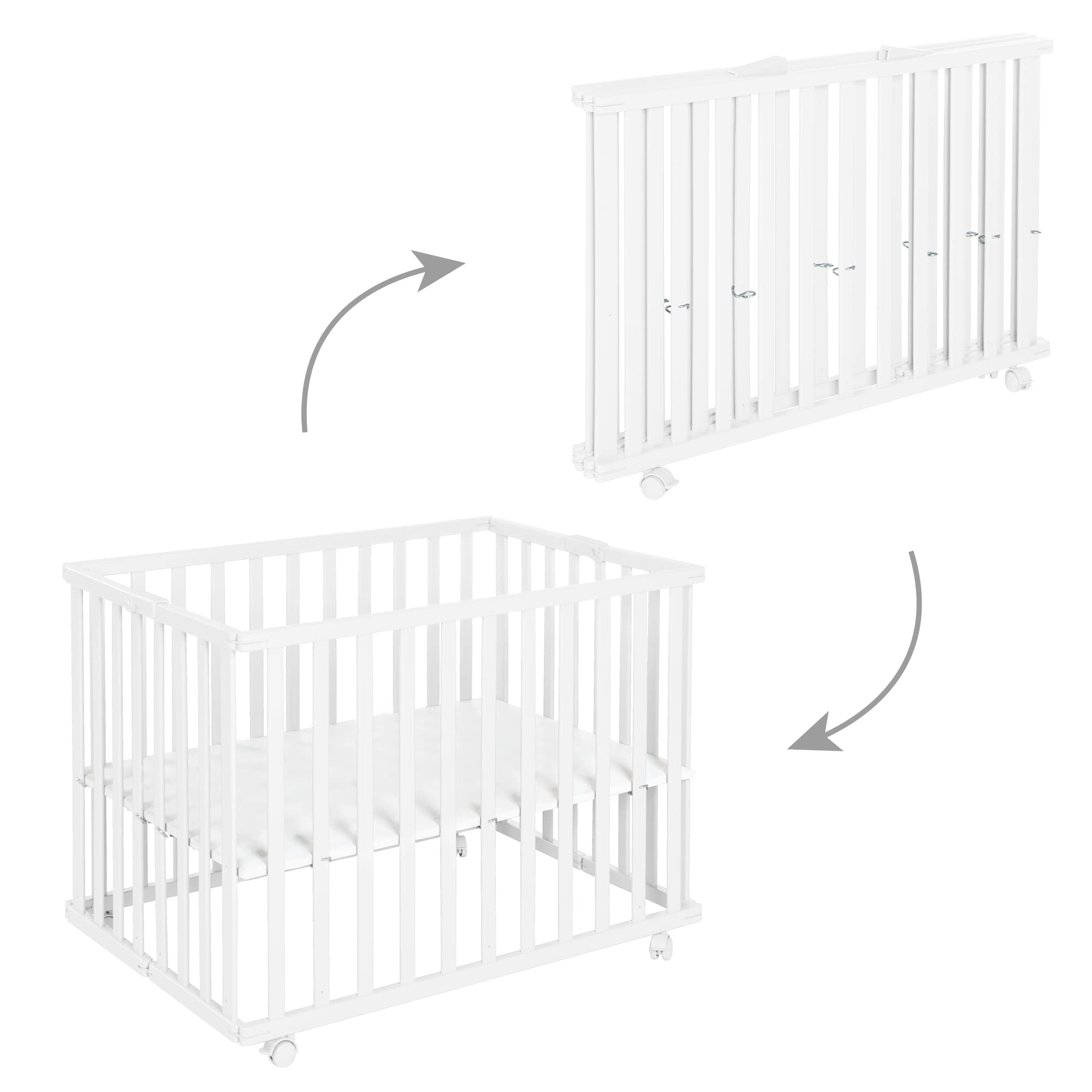 roba Laufgitter klappbar 75 x 100 cm - Platzsparender und faltbarer Baby Laufstall - Mobiles Krabbelgitter inkl. Rollen - 2-fach höhenverstellbar - Holz weiß