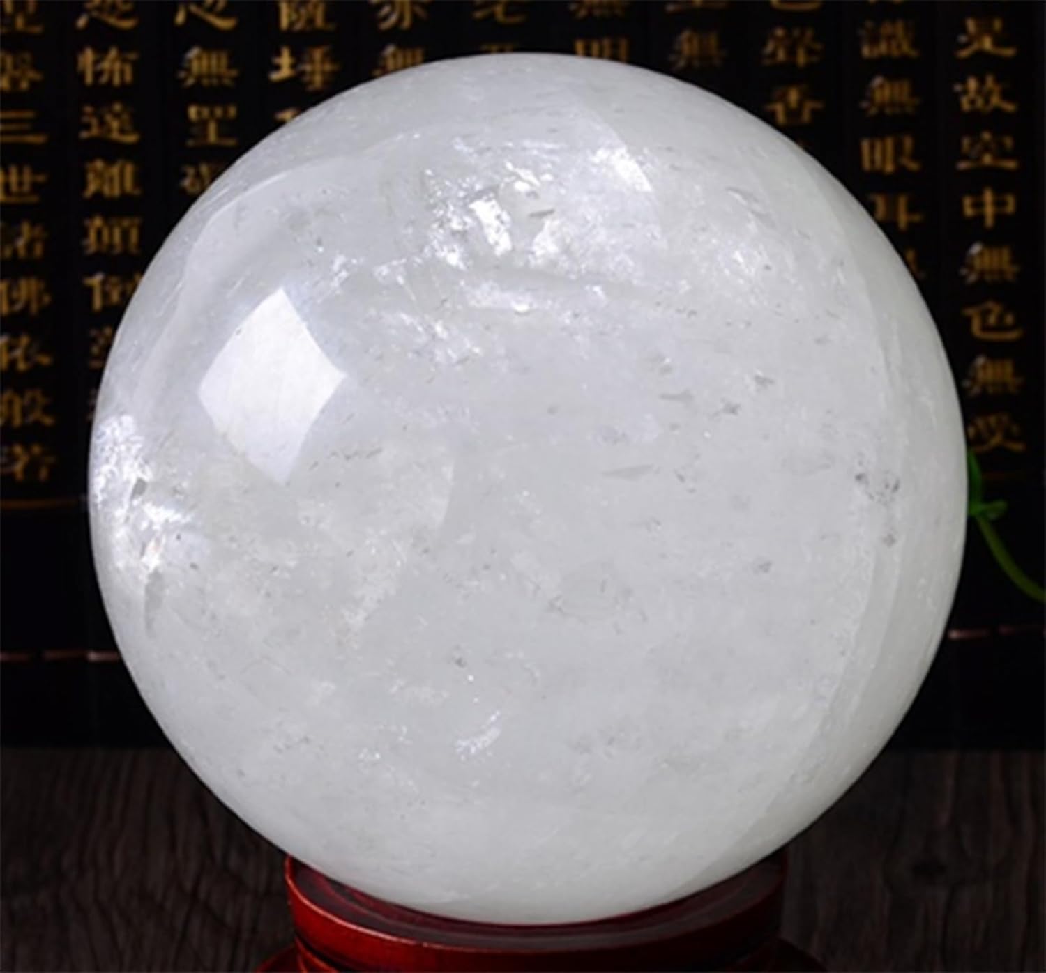 Quartz Crystal Ball,White Calcite Crystal Sphere with Wooden Stand,Feng Shui Crystal Ball for Lucky Wealth Protect The House,5.5"(14cm)