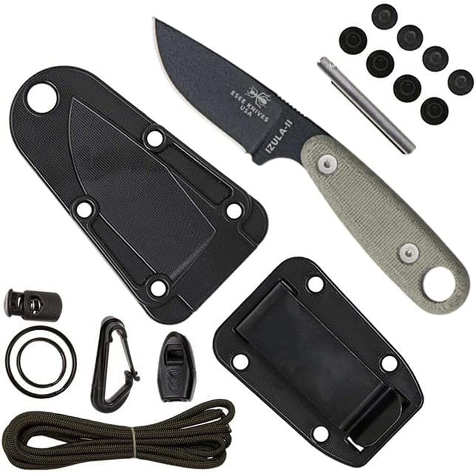 ESEE Knives Izula Fixed Blade Knife with Survival Kit, Handles, Sheath, & Clip Plate (Black/Grey Handle)