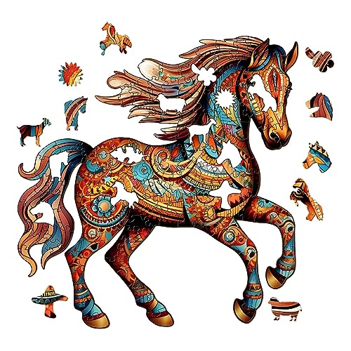 Holzpuzzle Erwachsene, KAAYEE Rennendes edles Pferd Puzzle Holz, Wooden Puzzle Unregelmäßige Einzigartige Form Puzzleteile, Holzpuzzle Tierform, Mit Geschenkbox Aus Holz